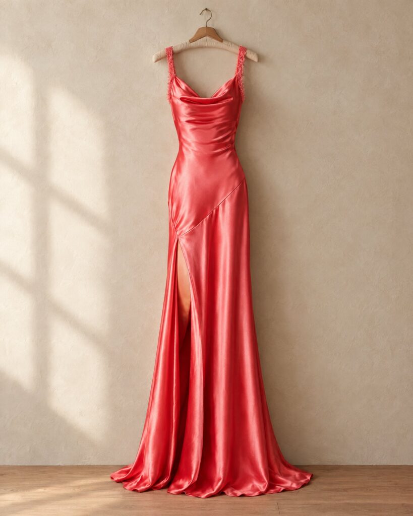 Jenny Packham Casino Royale Lace-Up Gown in pomegranate silk satin on a wooden hanger