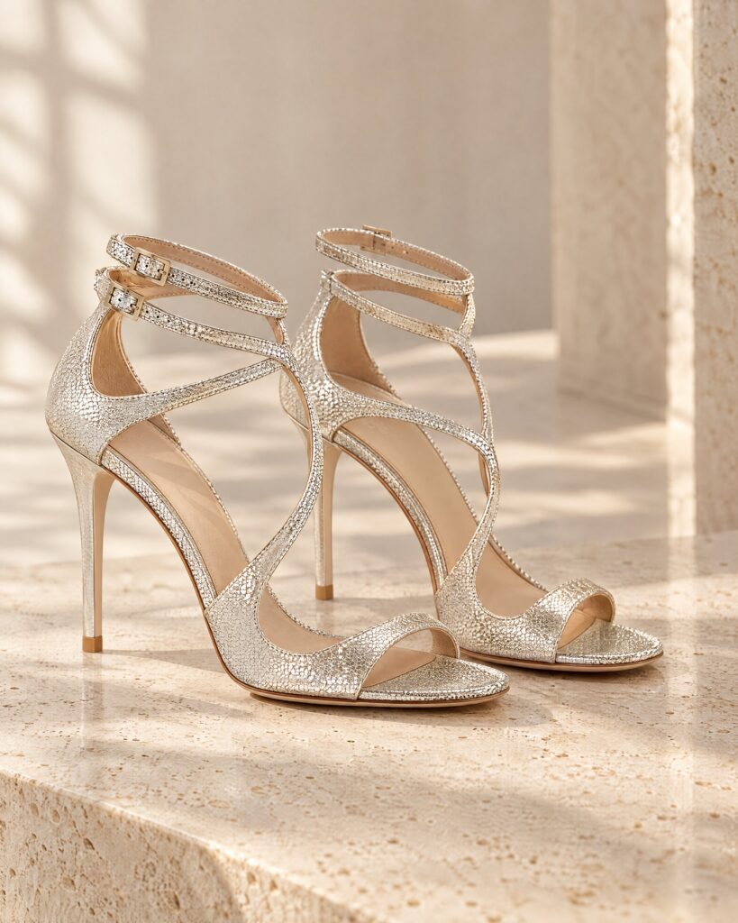 Jimmy Choo Ivette champagne glitter sandals with fine straps on a pale stone surface