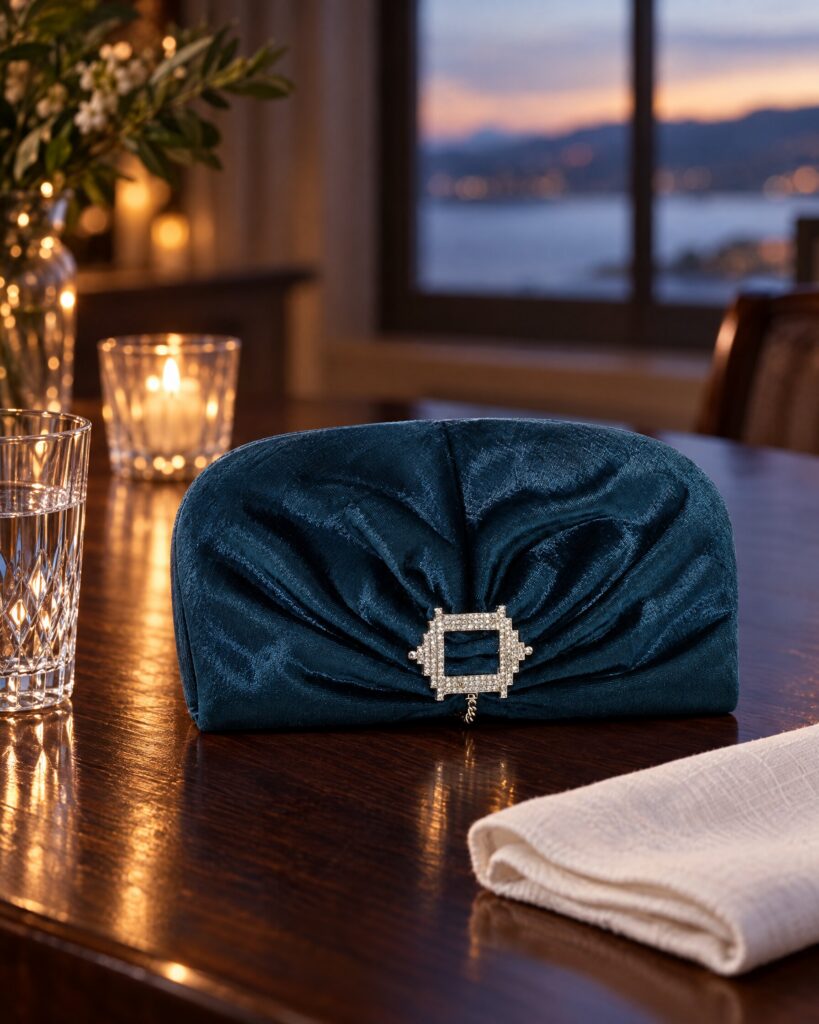 Blue velvet pleated evening clutch on a candlelit dinner table beside a crystal glass