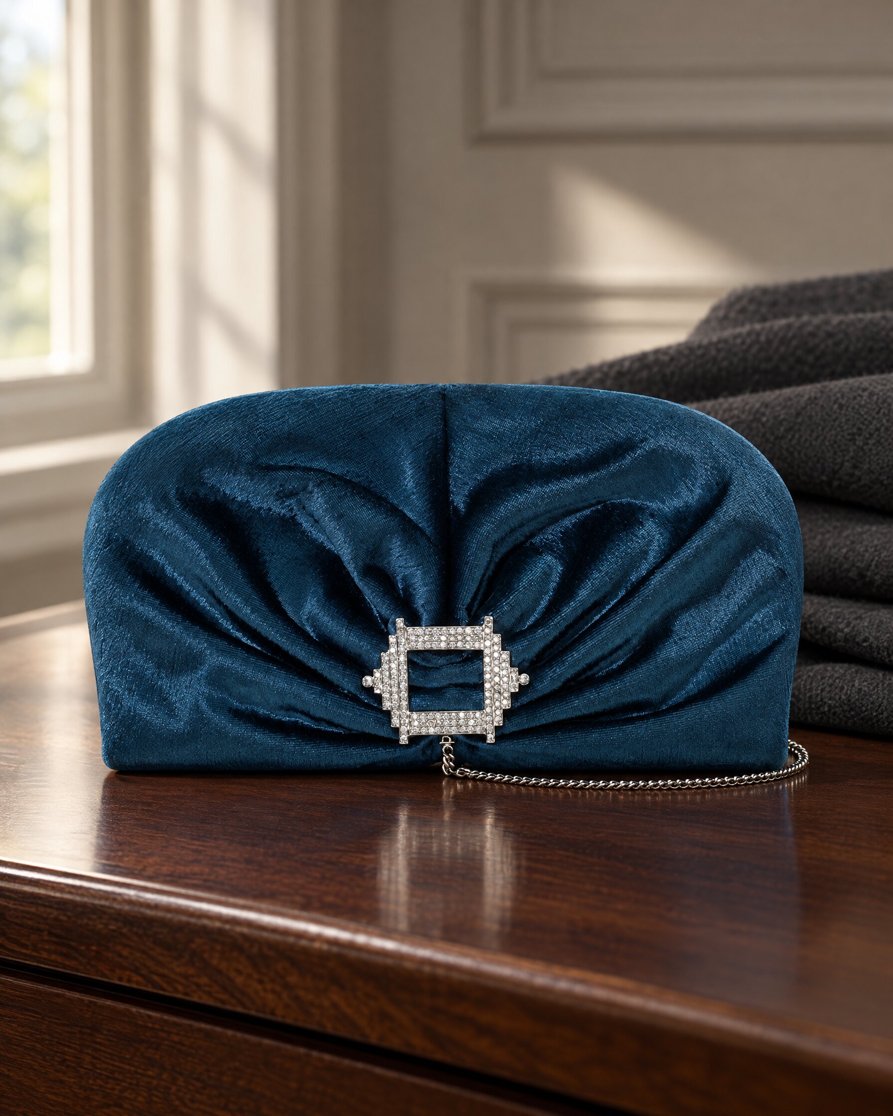 Jimmy Choo Vivien clutch in blue liquid velvet with crystal closure on a dark walnut surface