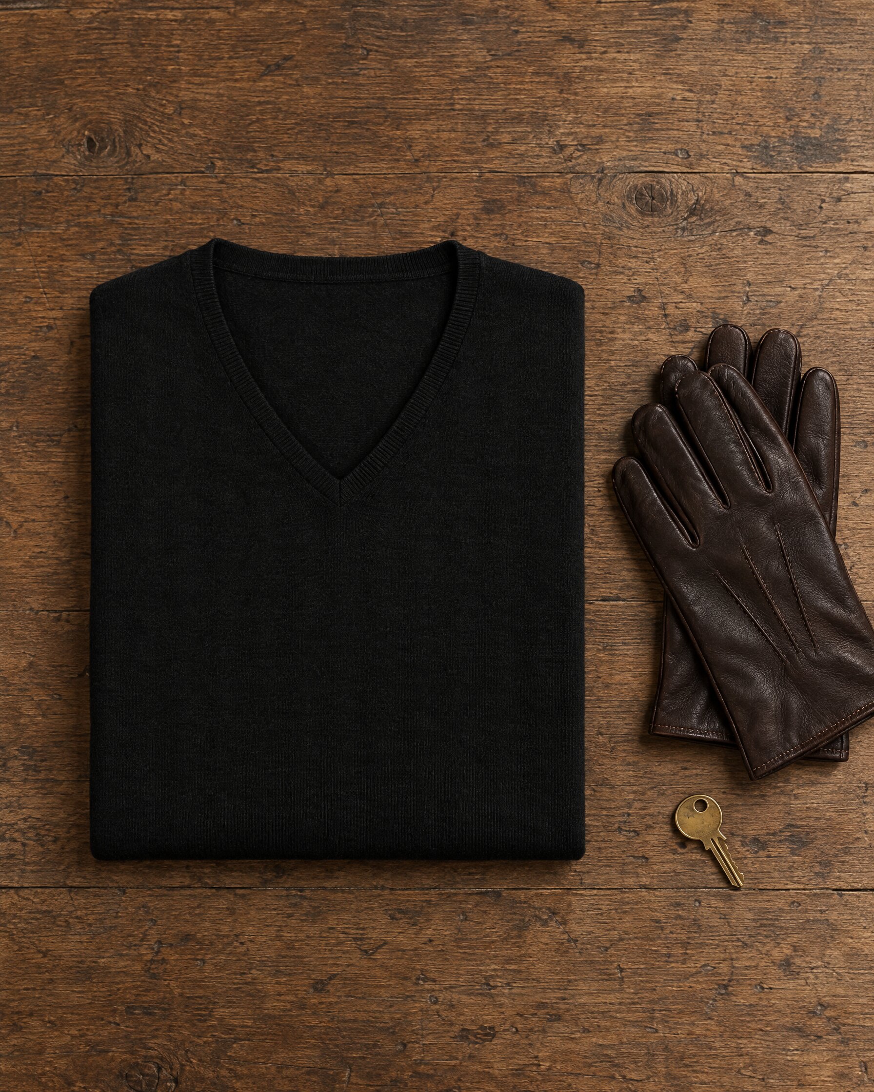 Black John Smedley Bobby merino v-neck jumper folded flat on an oak table with leather gloves