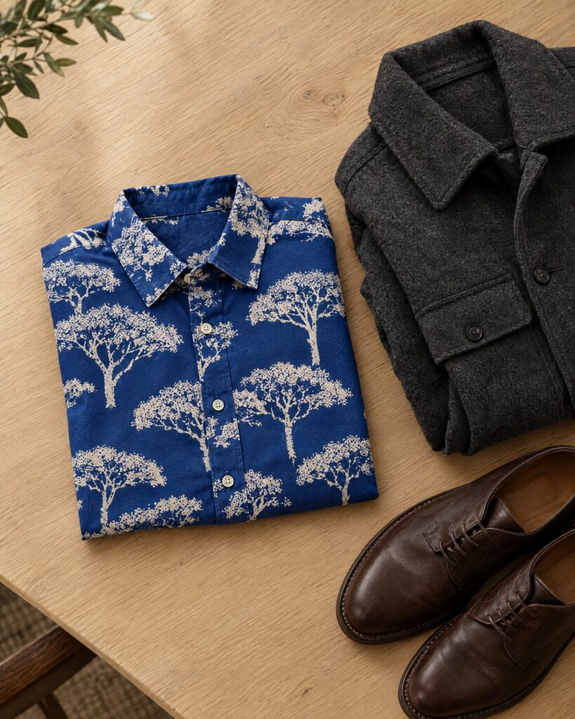 Cobalt blue Kenzo Graphic Trees shirt folded on an oak table beside a charcoal flannel jacket