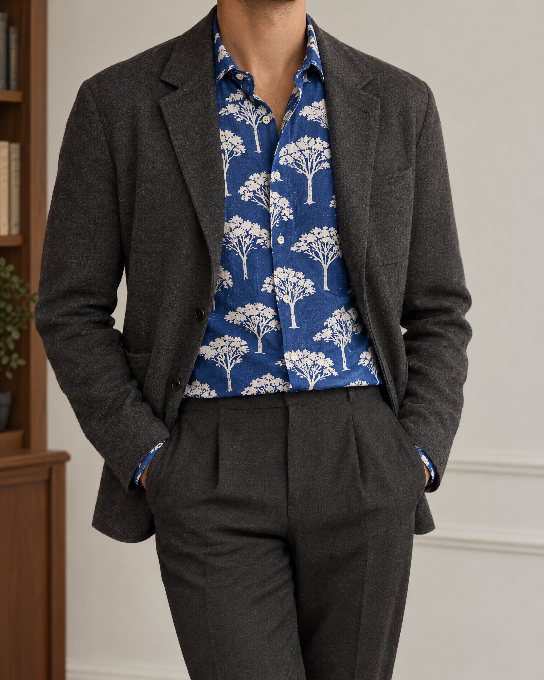 Man in a cobalt blue printed cotton shirt under a dark grey jacket, face out of frame