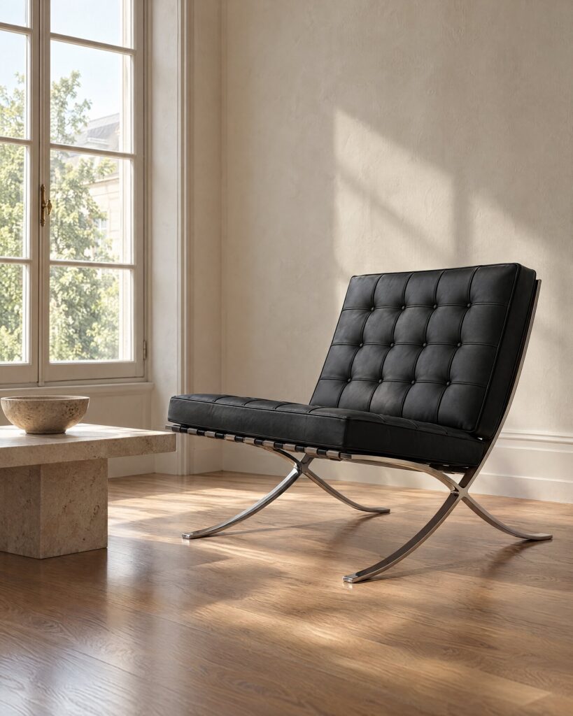 Knoll Barcelona chair in black leather with polished chrome frame in a quiet room with oak floor and tall window
