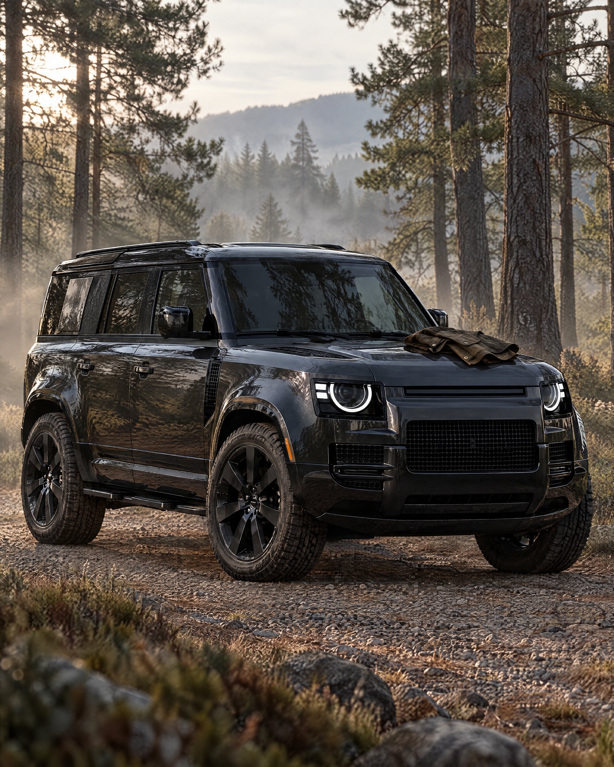 Black Land Rover Defender No Time To Die style 110 X parked on a gravel forest track at dawn