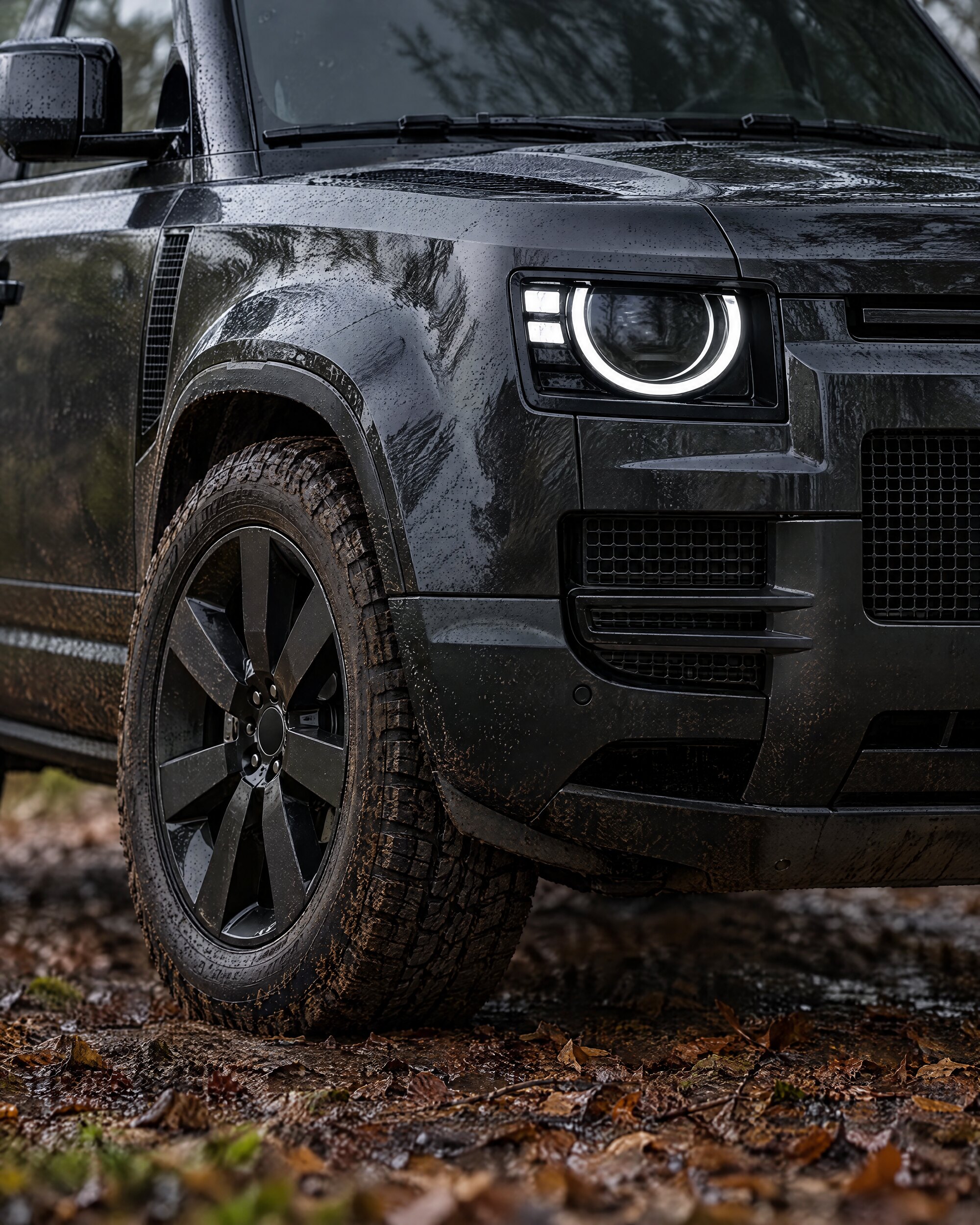 Dark alloy wheel and darkened skid pan on a black Land Rover Defender 110 X, close detail