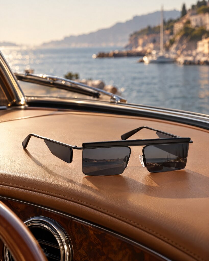 Black mirrored semi-rimless sunglasses resting on a tan leather dashboard beside a harbour