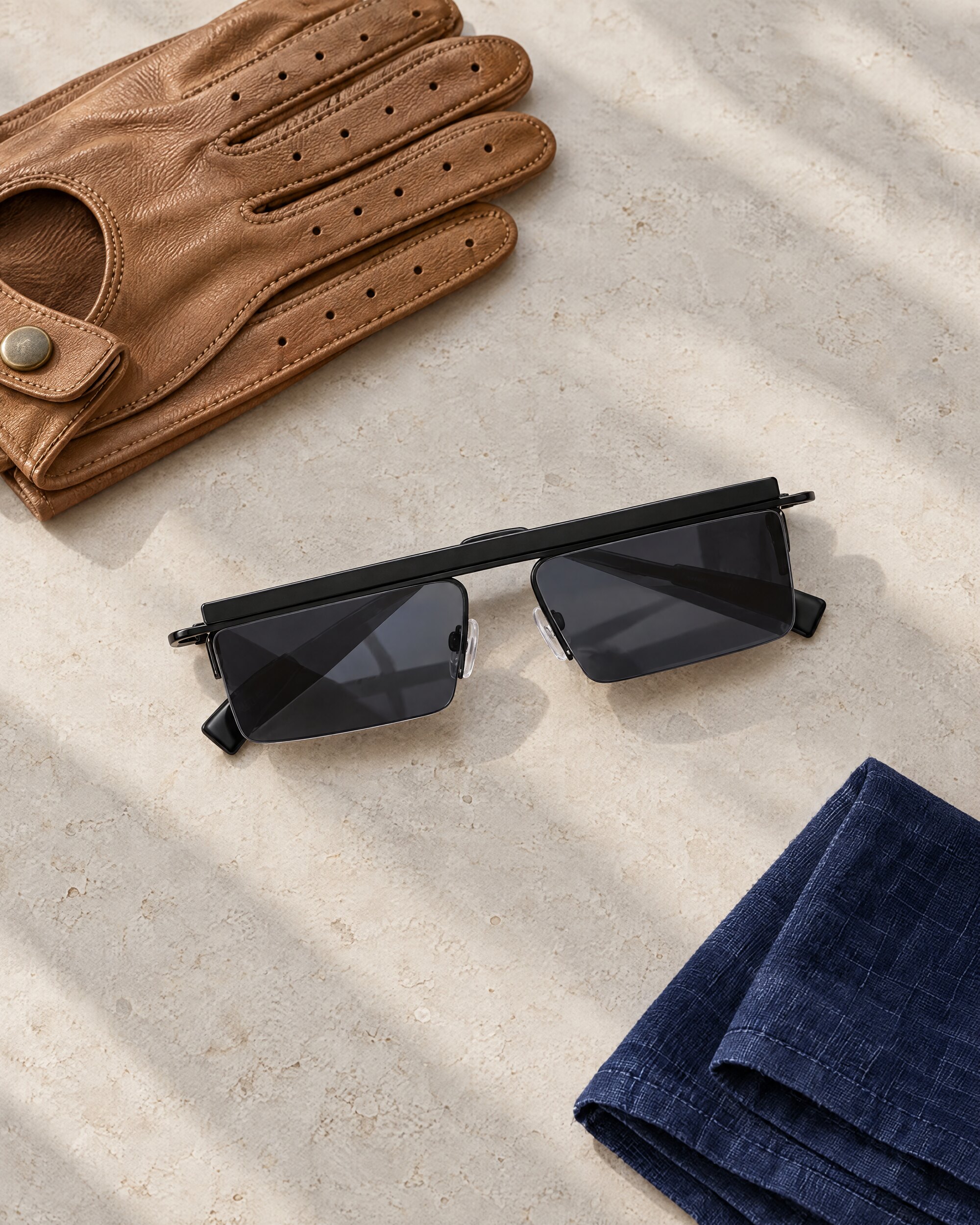 Le Specs The Flex sunglasses with black mirrored lenses on a stone surface beside tan leather driving gloves