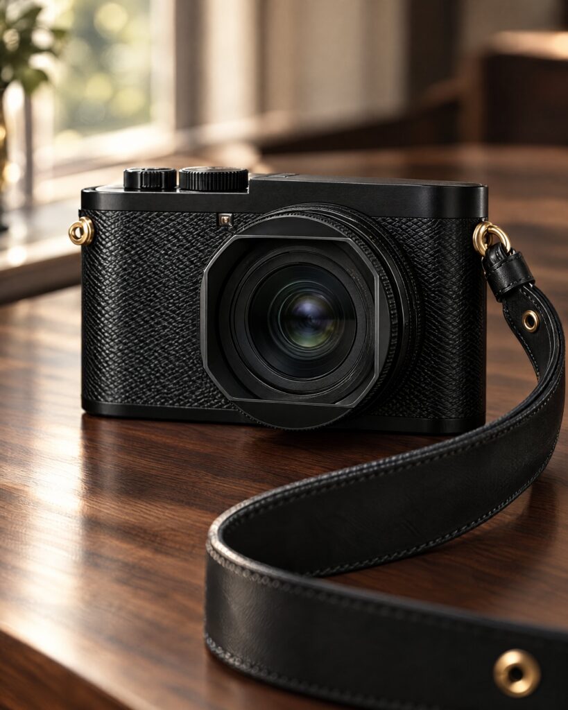 Close detail of the diamond-embossed black leather and gold-eyeletted strap on the Leica Q2 Daniel Craig x Greg Williams