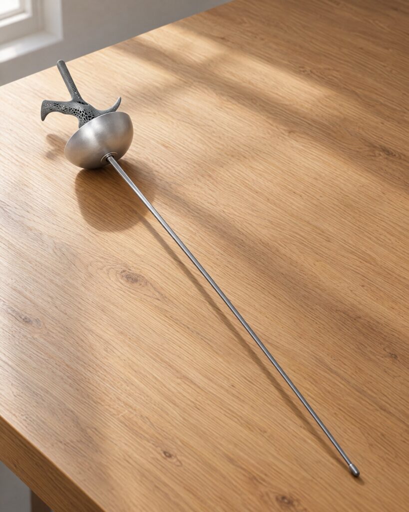 Fencing epee with a steel blade and round guard on an oak table