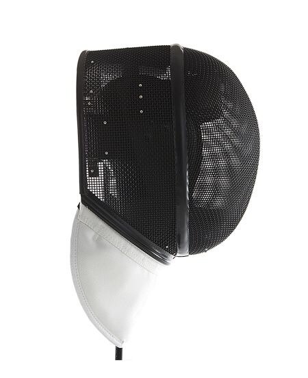 White Leon Paul style fencing mask with wire mesh and cloth bib on an oak surface