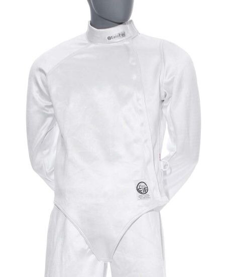 White Leon Paul-style fencing uniform, mask and gloves laid out on oak boards