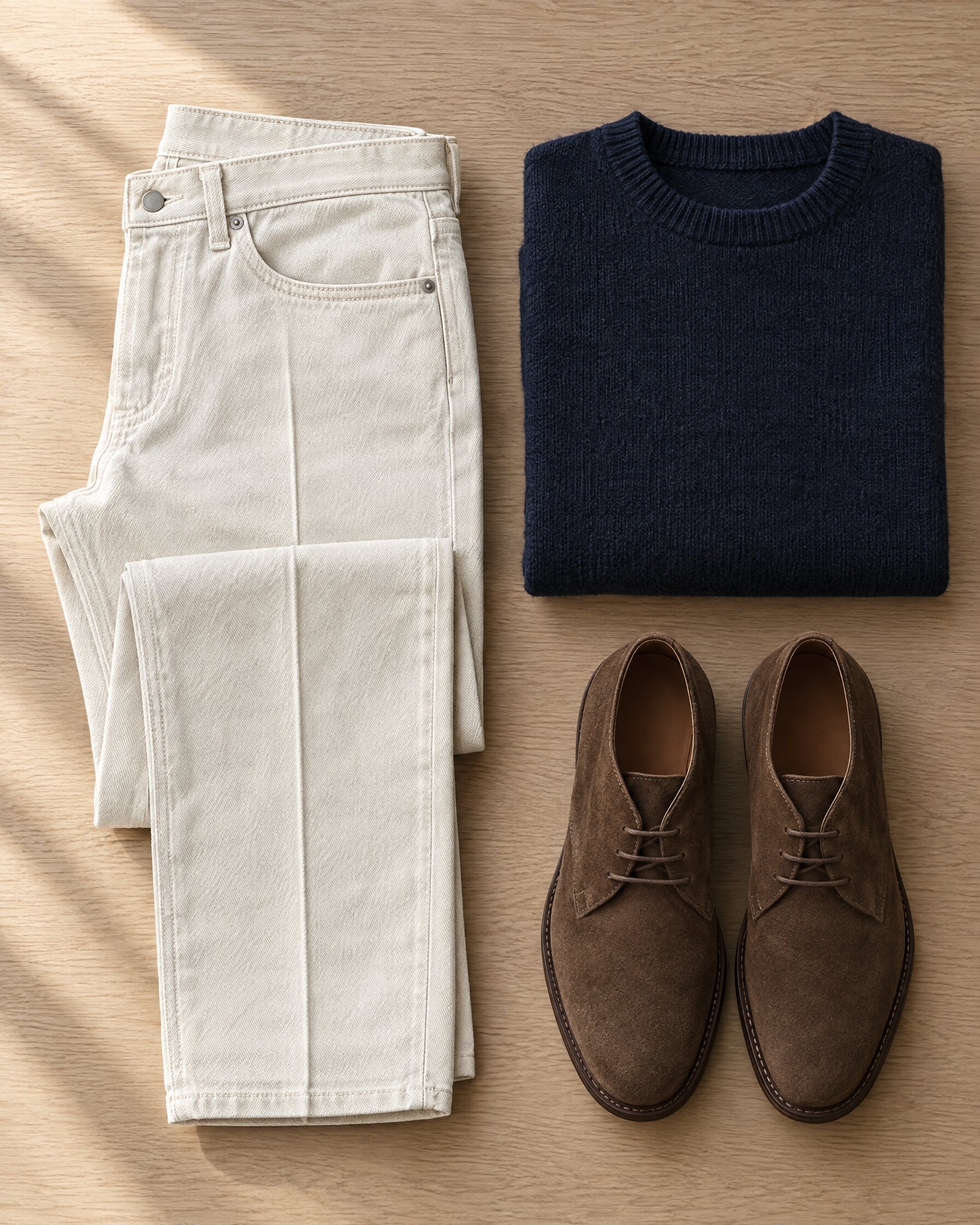 Cream Levi's 306 STA-PREST jeans with a pressed crease, folded flat with a navy knit and brown suede shoes