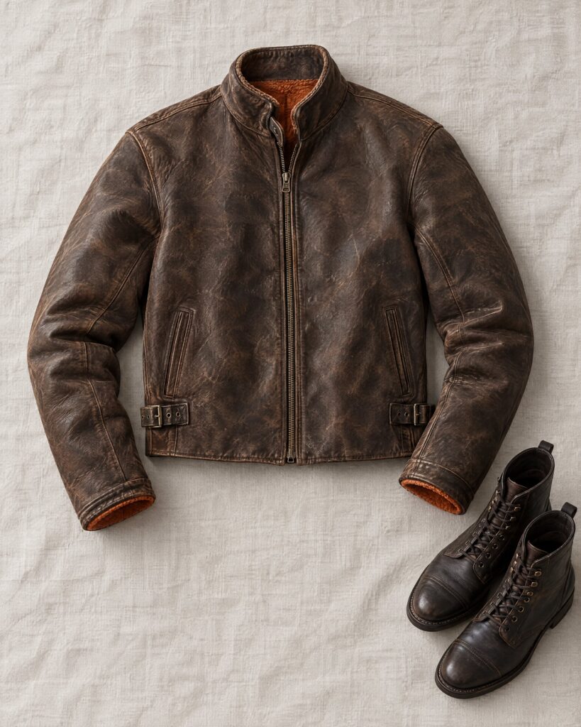Levi's Menlo jacket in brown distressed sheepskin laid flat