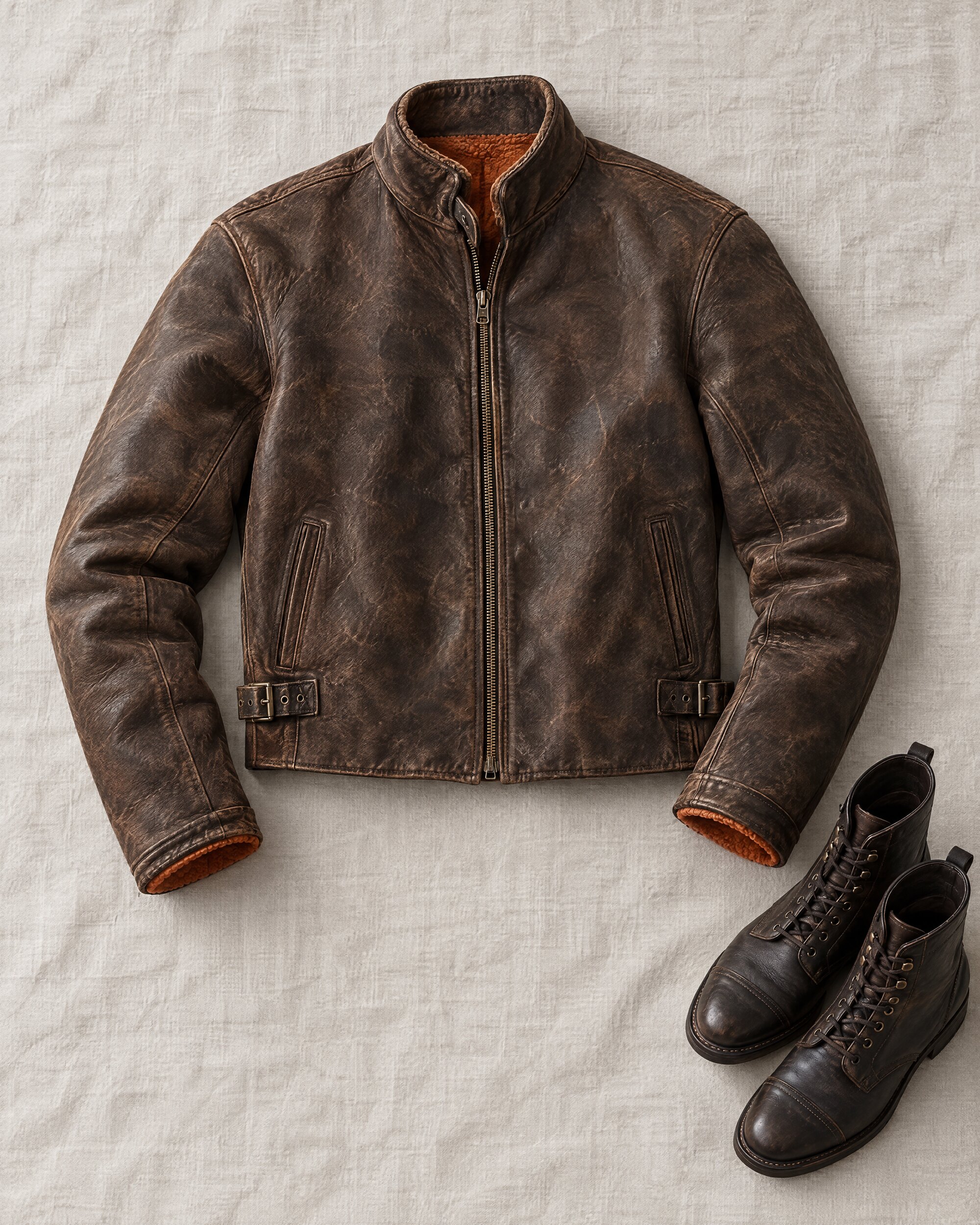 Levi's Menlo jacket in brown distressed sheepskin laid flat