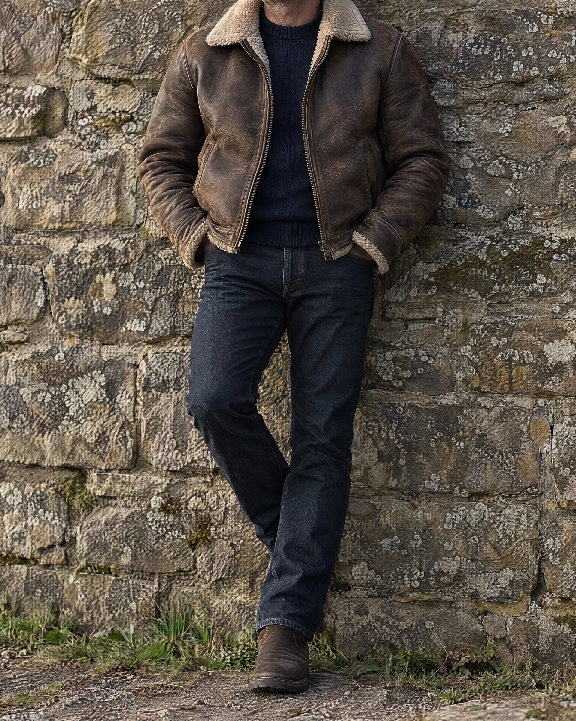 Man in a short brown sheepskin jacket against a stone wall