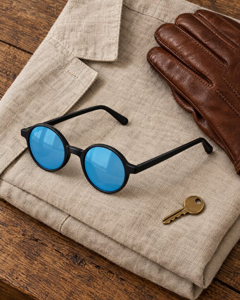 L.G.R Reunion 1428 sunglasses with matte black frame and blue mirror lenses on a folded linen jacket