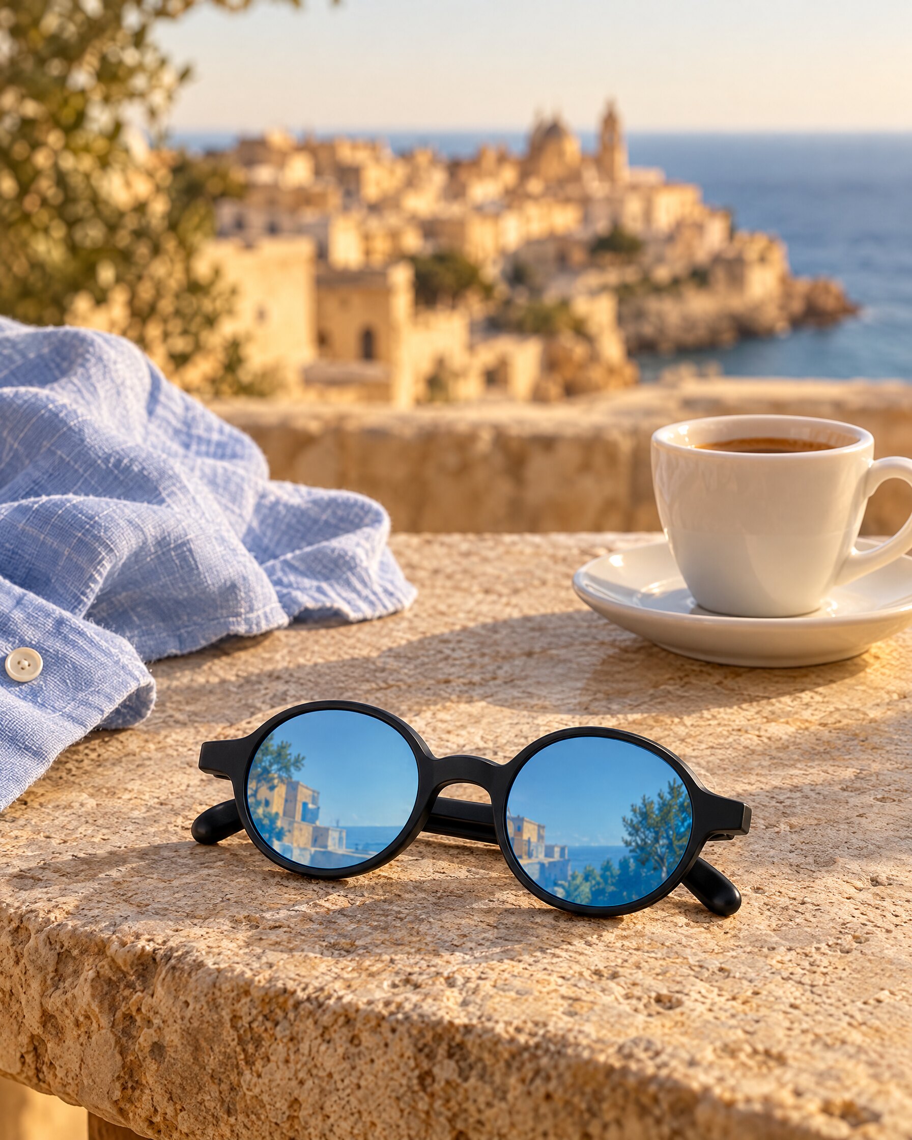 Matte black round sunglasses with blue mirror lenses resting on a stone terrace table beside an espresso cup