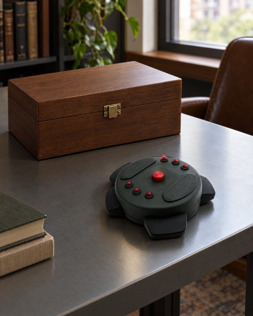GoldenEye limpet mine replica on a steel desk edge