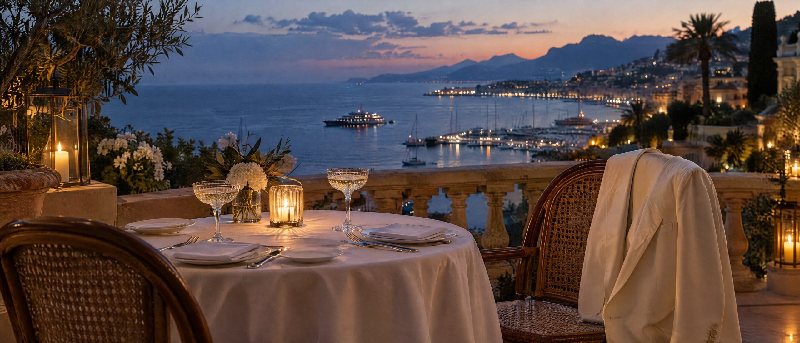 A hotel terrace on the Riviera at dusk, a table laid for two and a dinner jacket over a cane chair