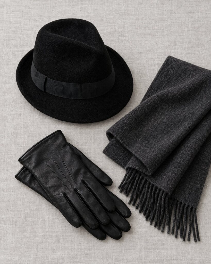 Black velour felt Vesper trilby with a charcoal scarf and leather gloves
