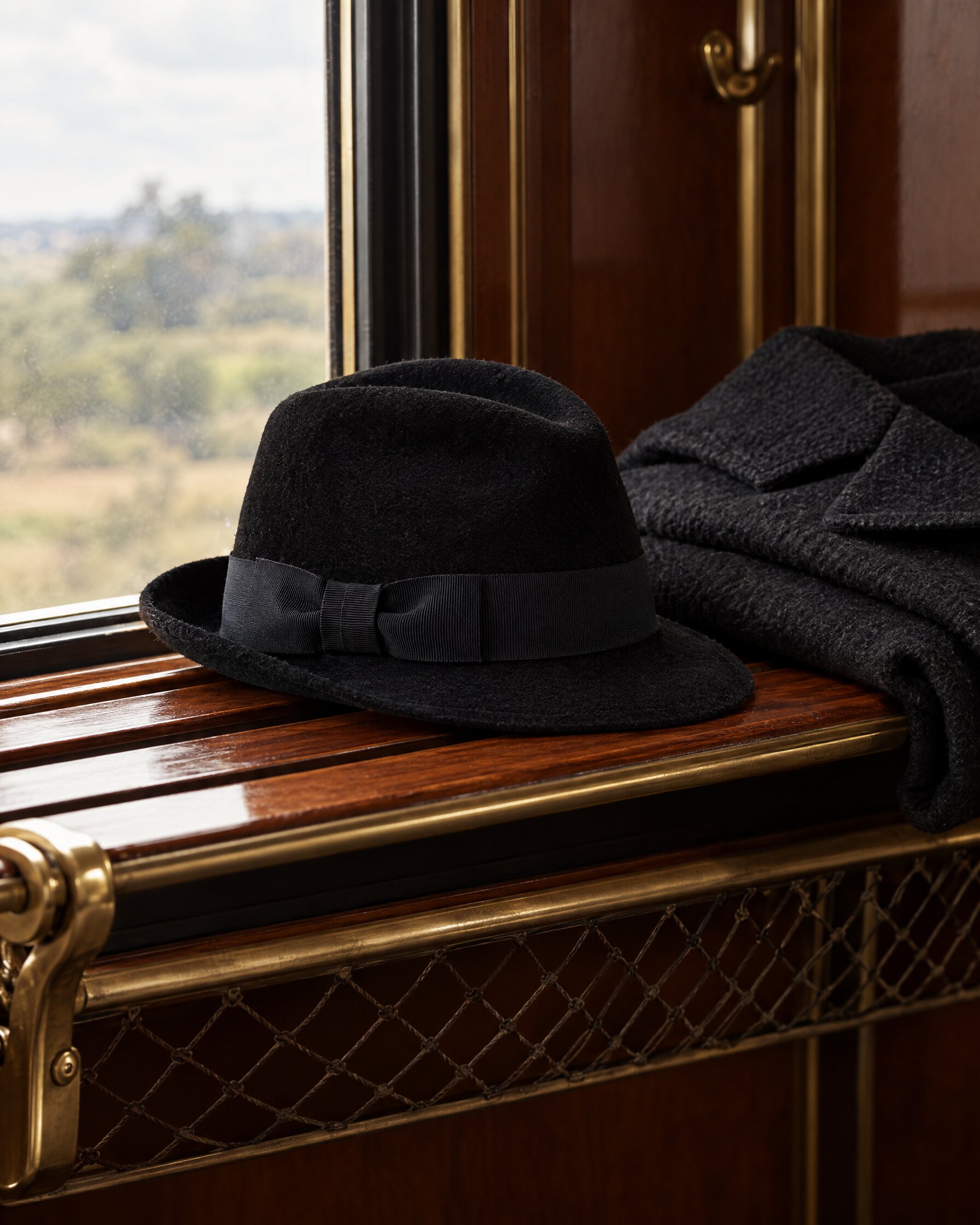 Black trilby hat on a train luggage rack beside a folded wool coat
