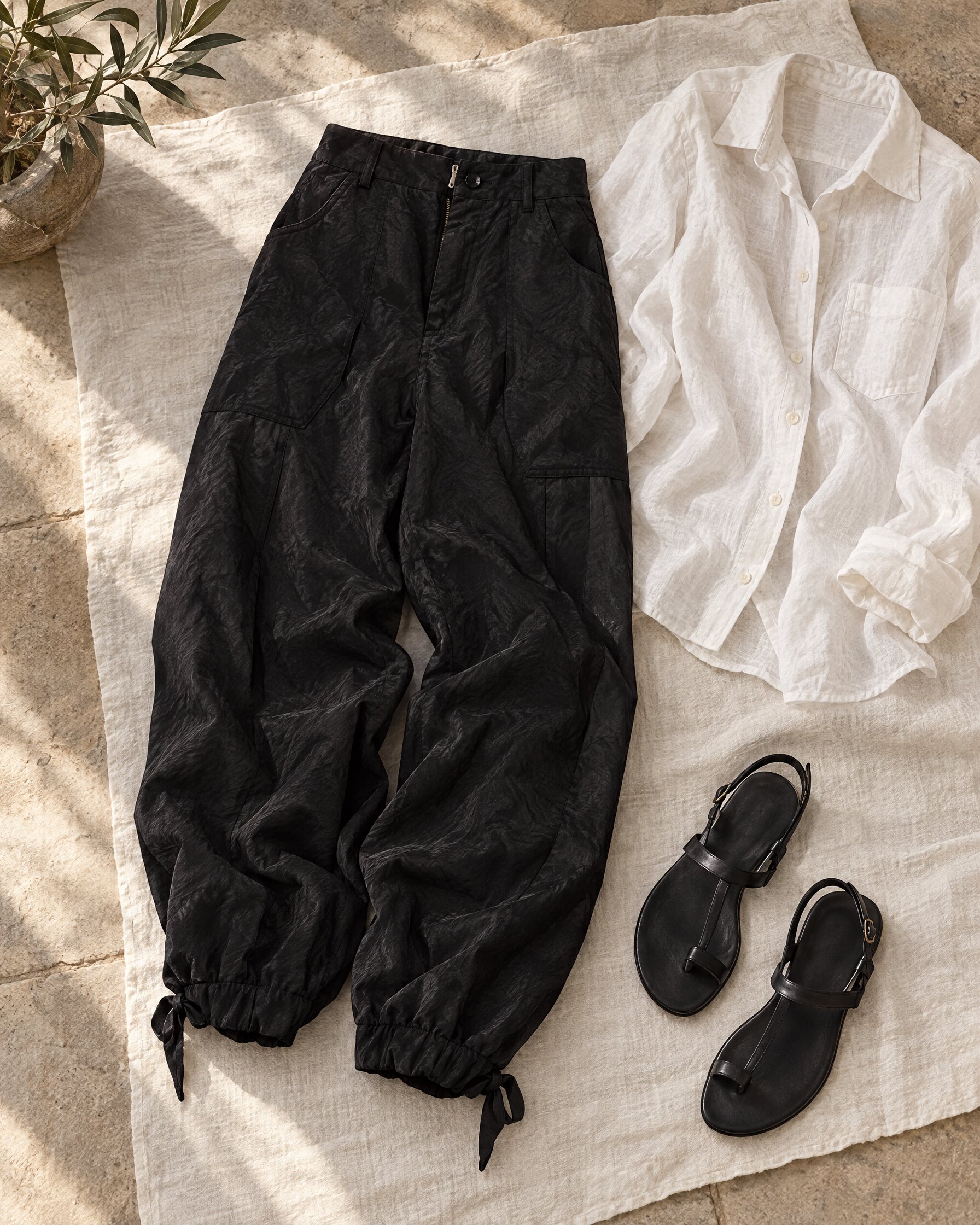 Black balloon-leg cargo trousers folded on linen beside a white shirt and leather sandals