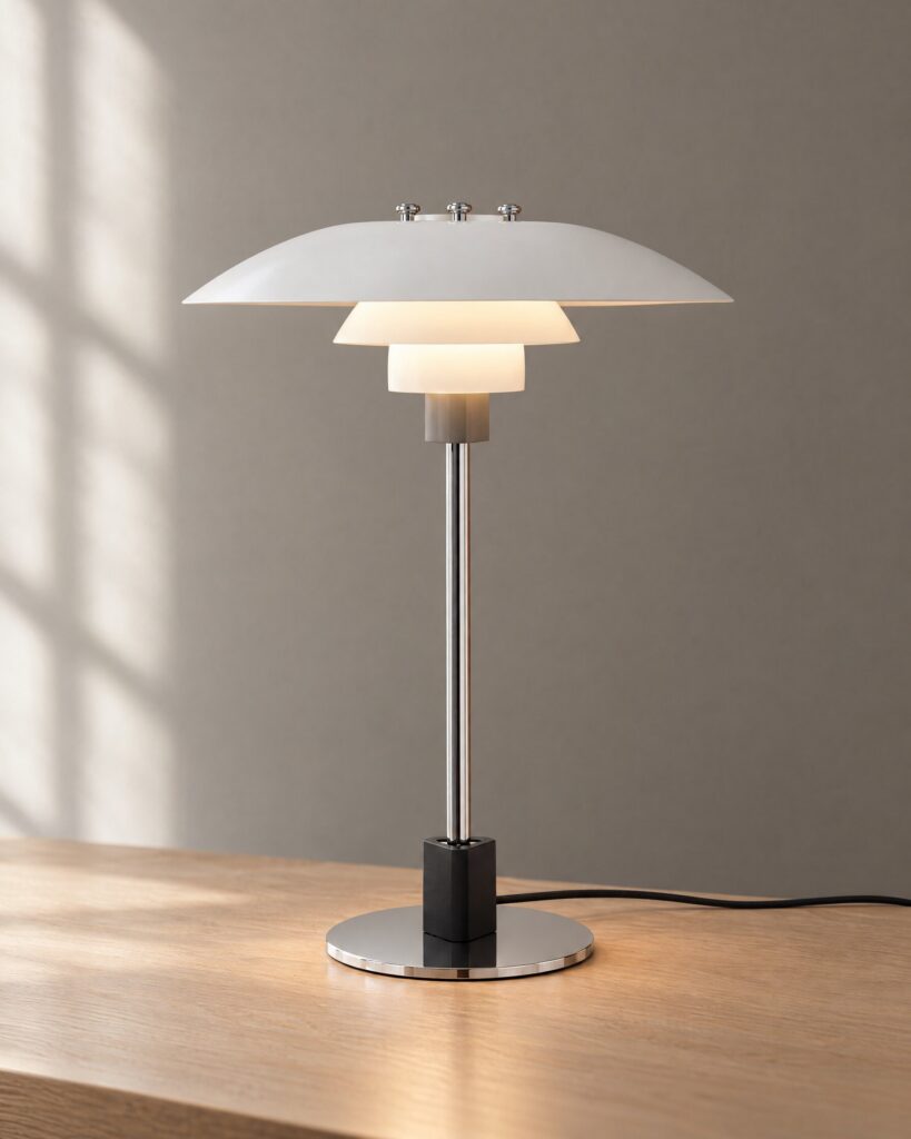 Louis Poulsen PH 4/3 table lamp with white three-shade aluminium shades on a chrome stem and base