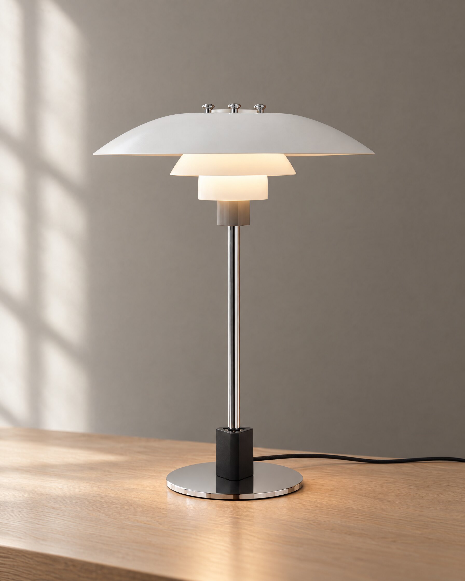Louis Poulsen PH 4/3 table lamp with white three-shade aluminium shades on a chrome stem and base