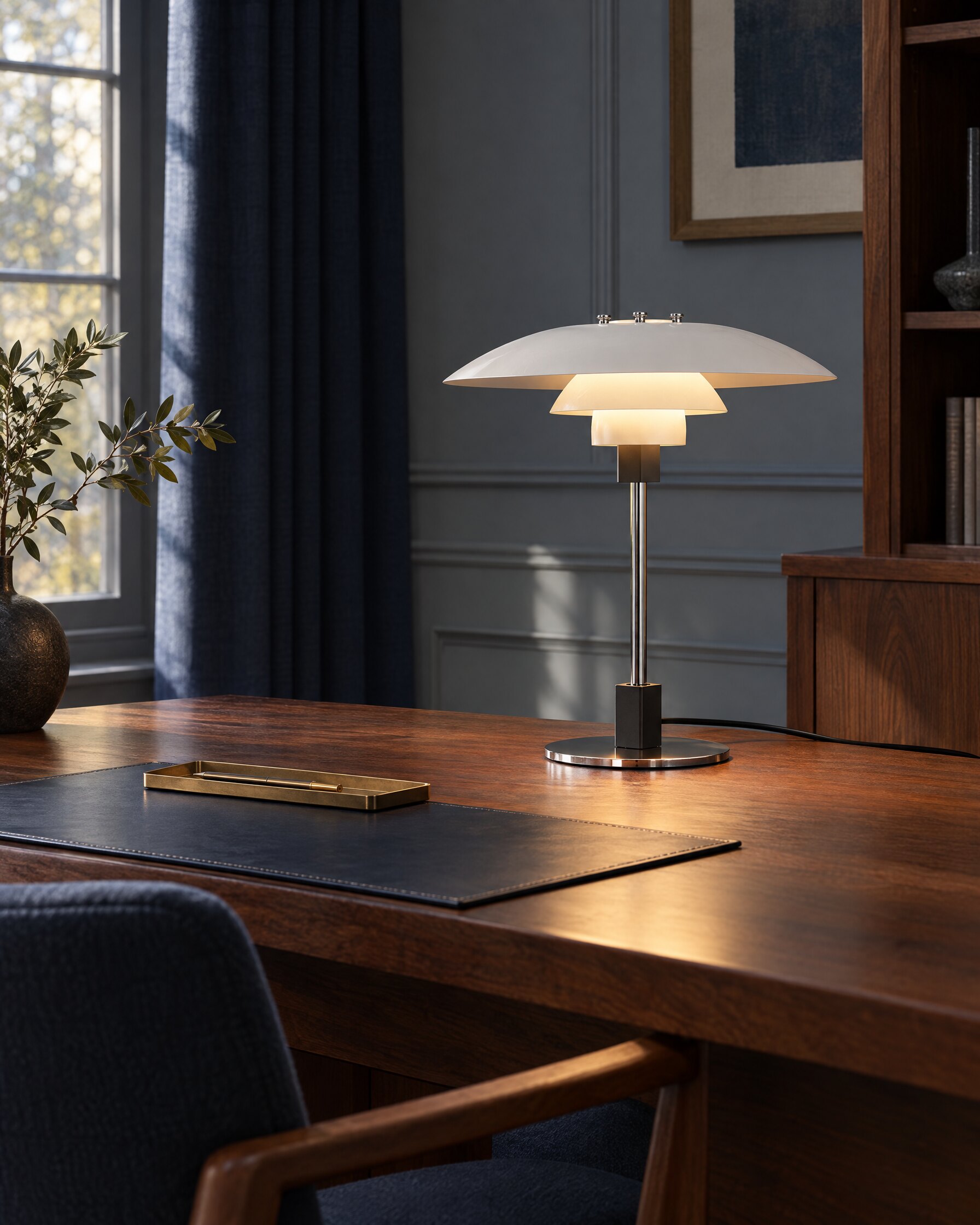 Three-shade chrome and white table lamp lit behind a walnut desk in a quiet study