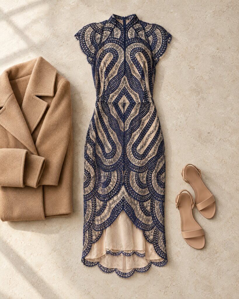Blue Lover Venus dress in scalloped lace laid flat beside a camel coat and nude sandals