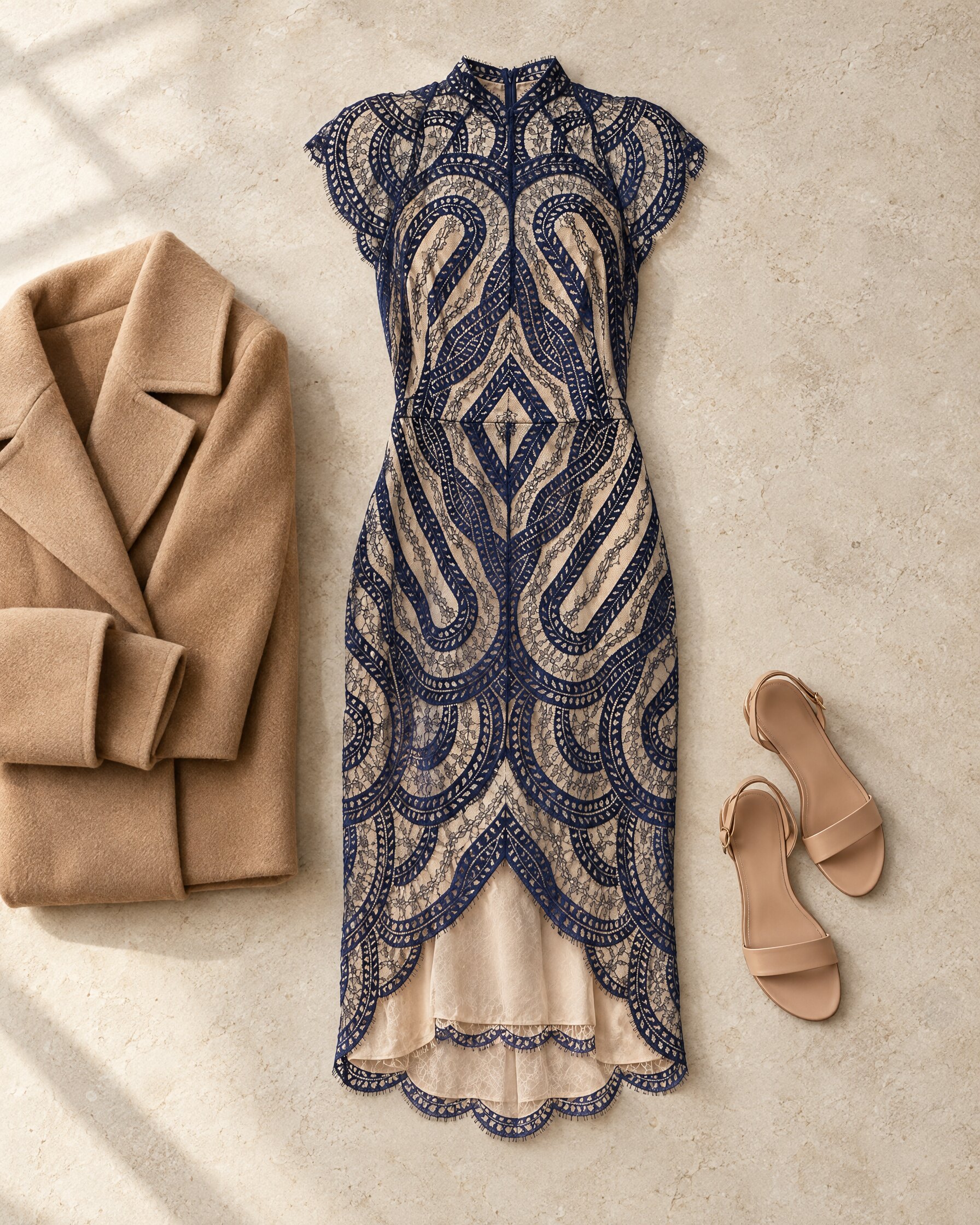 Blue Lover Venus dress in scalloped lace laid flat beside a camel coat and nude sandals