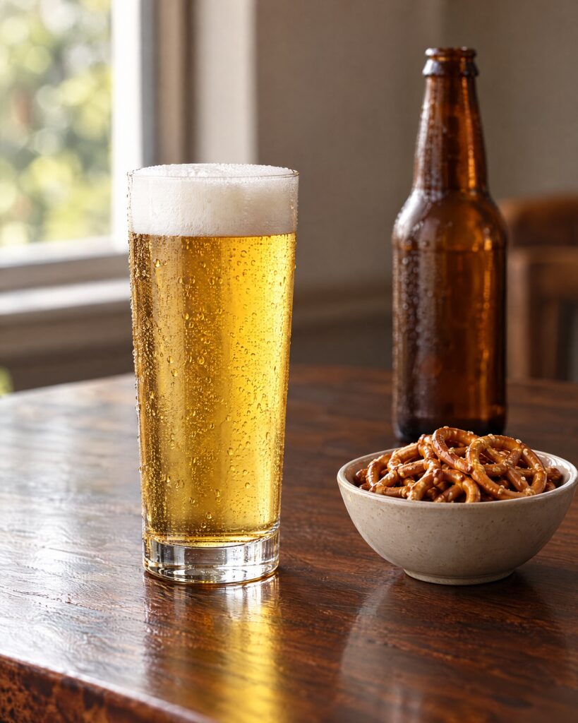 Glass of pale golden lager on a wooden table, the Löwenbräu Original that Bond drinks in the novels