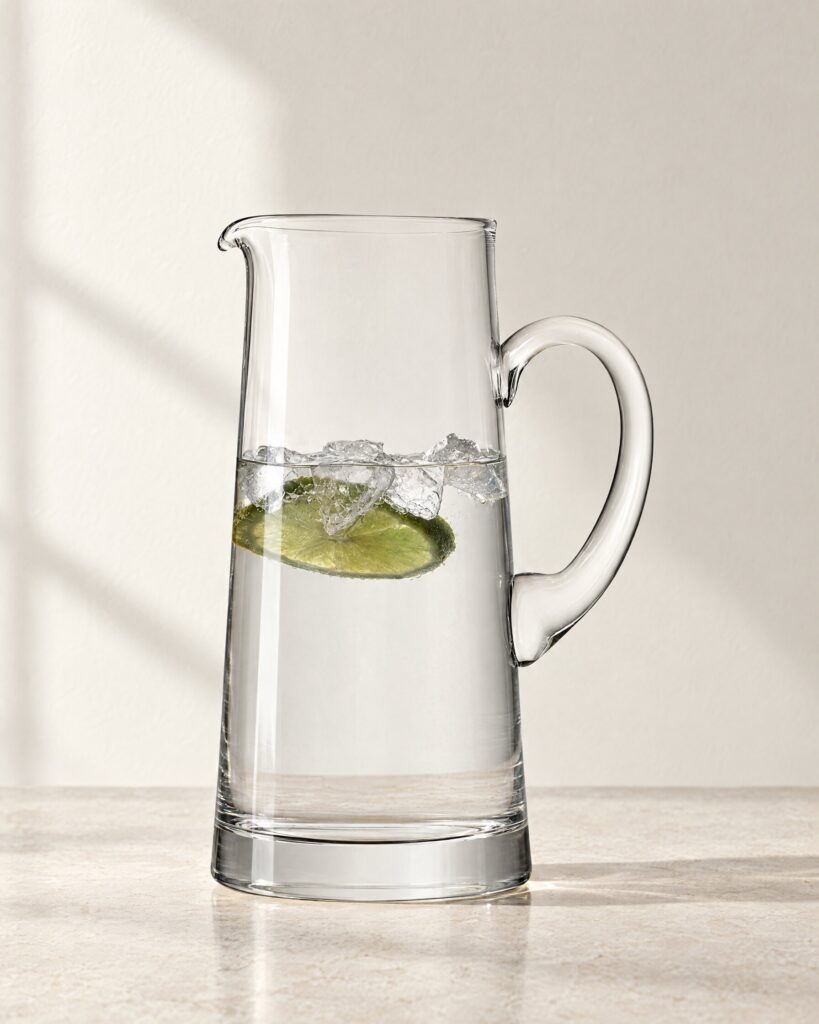 LSA Bar Tapered Jug in clear mouth-blown glass, filled with water, ice and lime on a stone surface