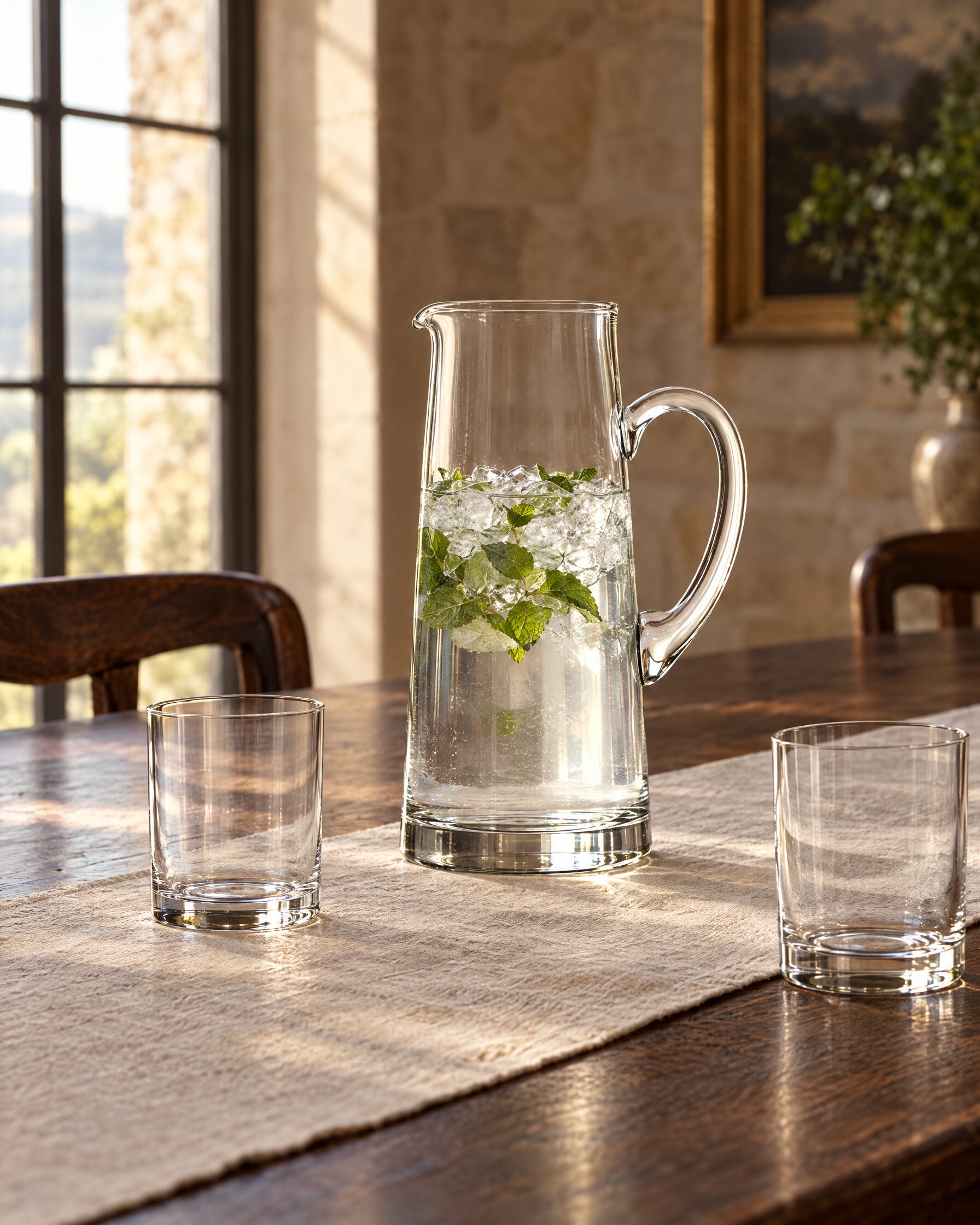 Tapered glass jug of iced water on an oak dining table with a linen runner in afternoon light