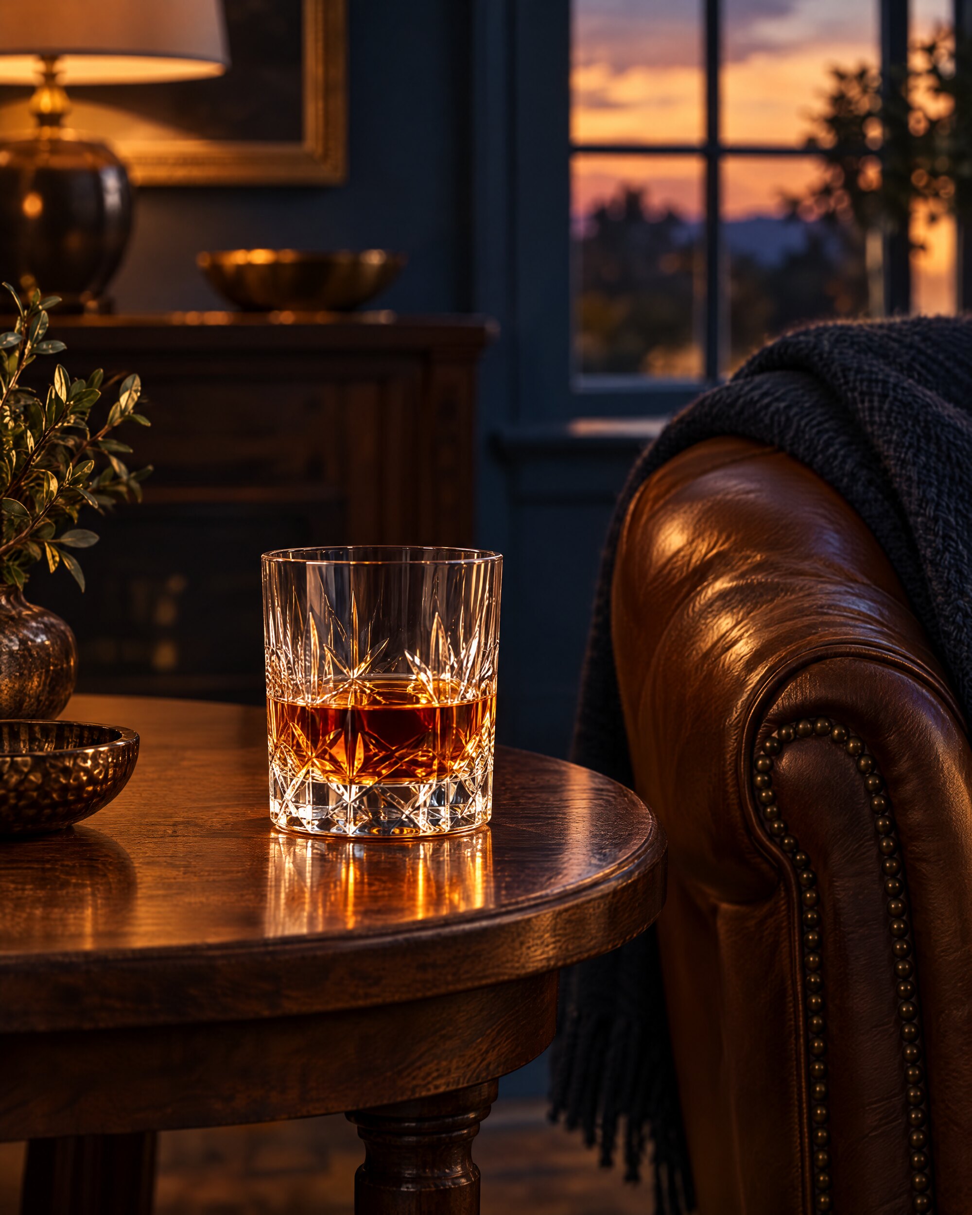Glass of single malt whisky on a wooden side table beside a leather armchair at dusk