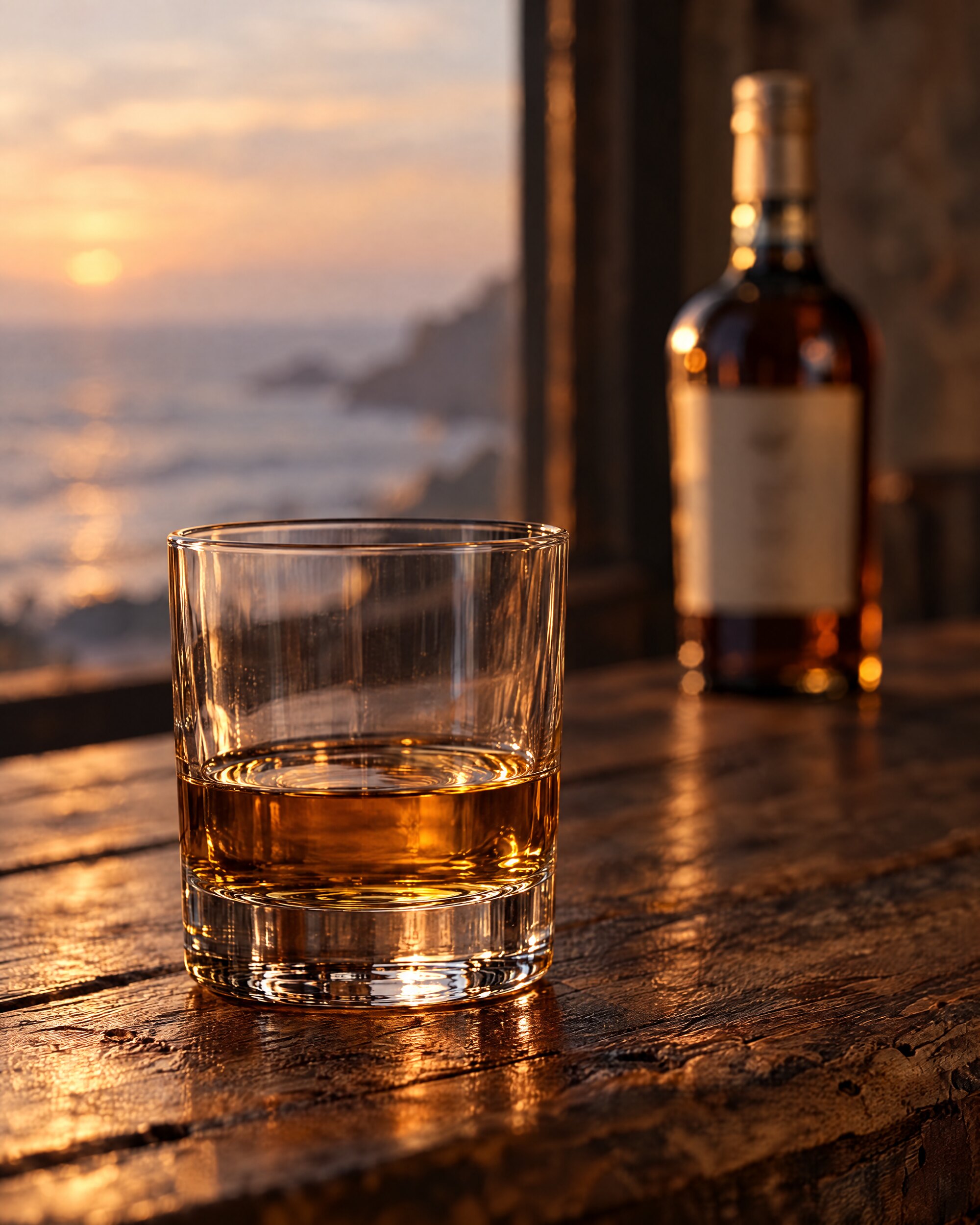Tumbler of amber whisky on a wooden bar, a Macallan Fine Oak 10 Year Old style bottle blurred behind