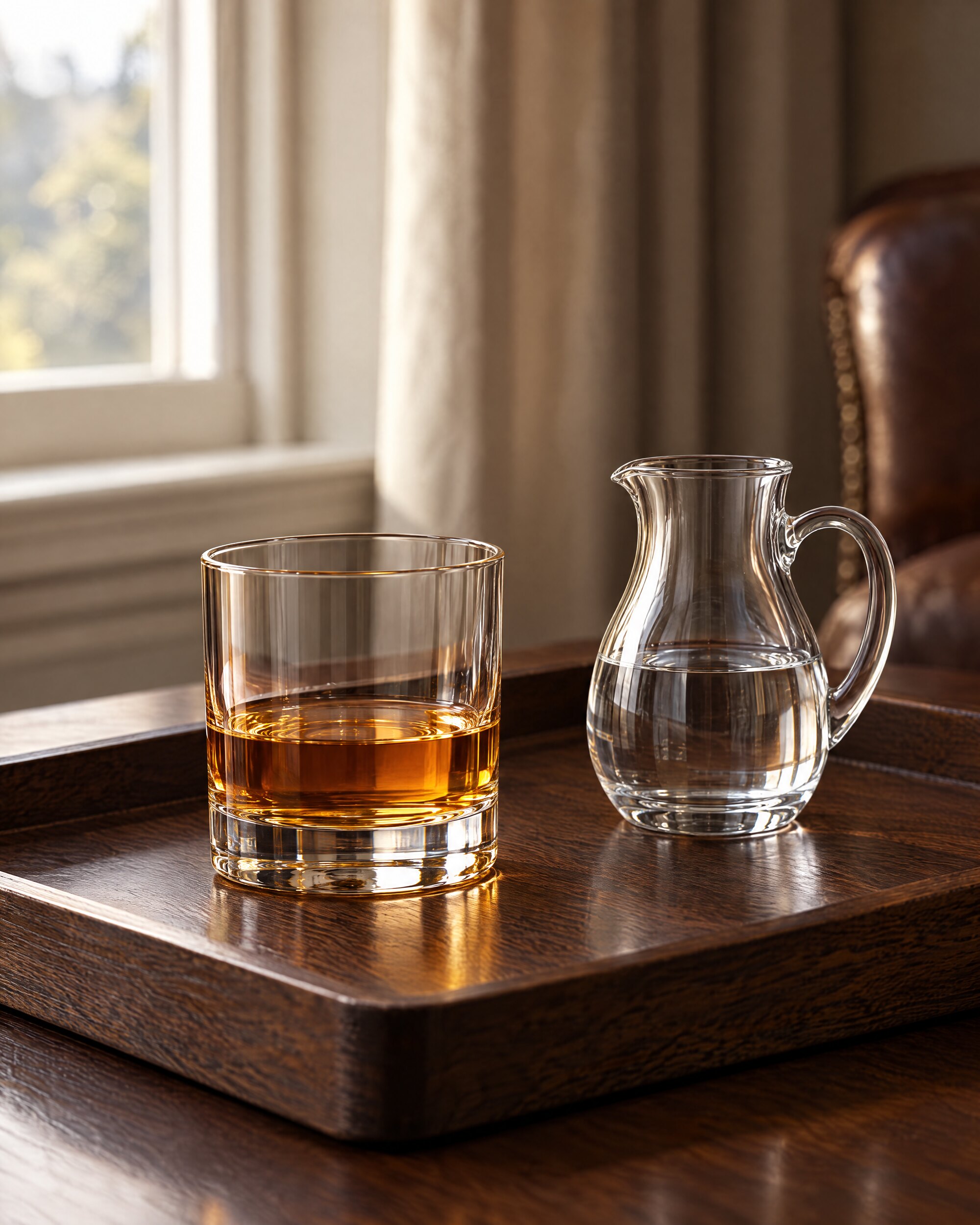 Amber whisky in a plain tumbler with a jug of water on an oak tray