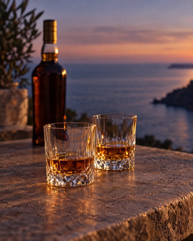 Two small glasses of amber whisky on a terrace table at dusk