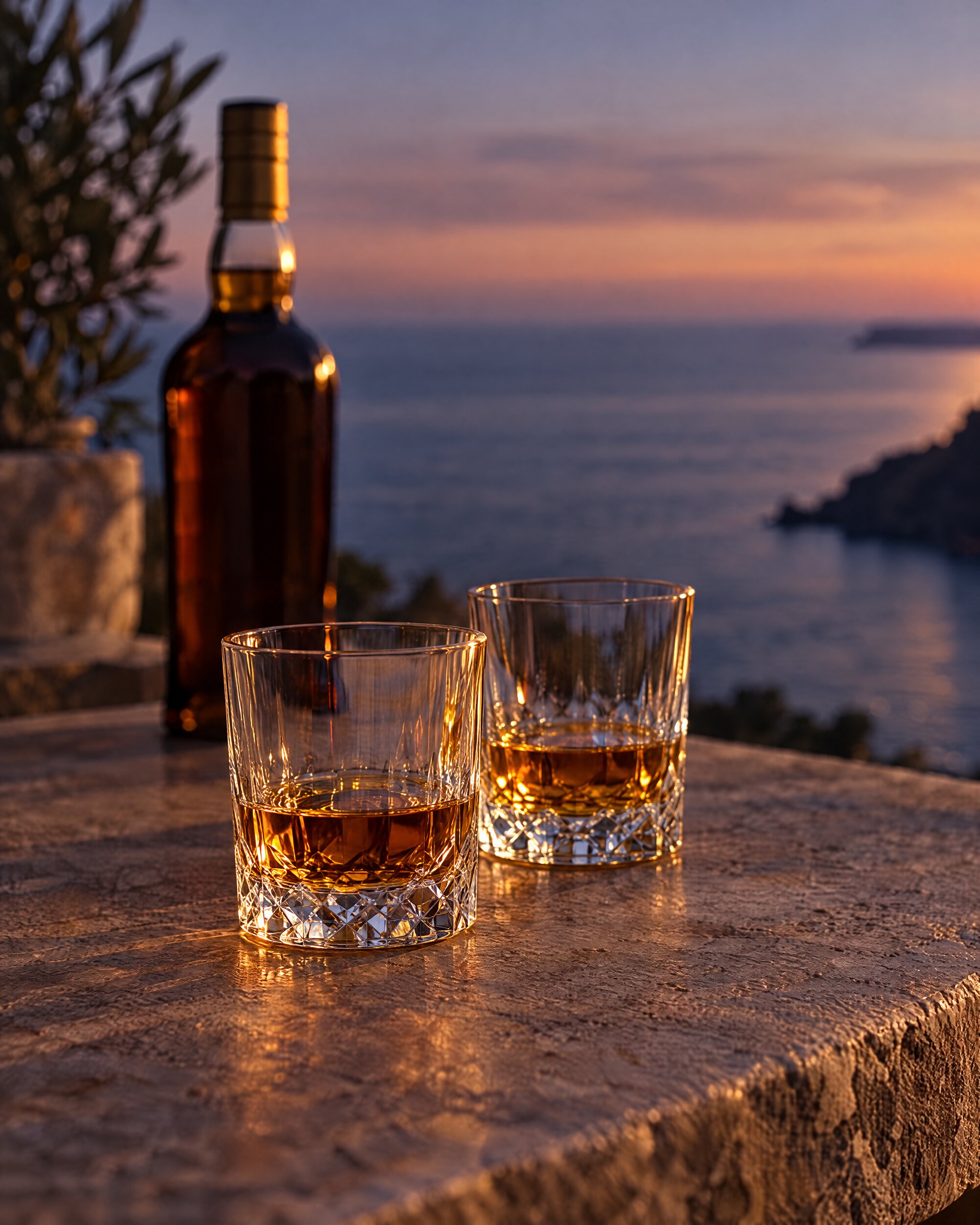 Two small glasses of amber whisky on a terrace table at dusk