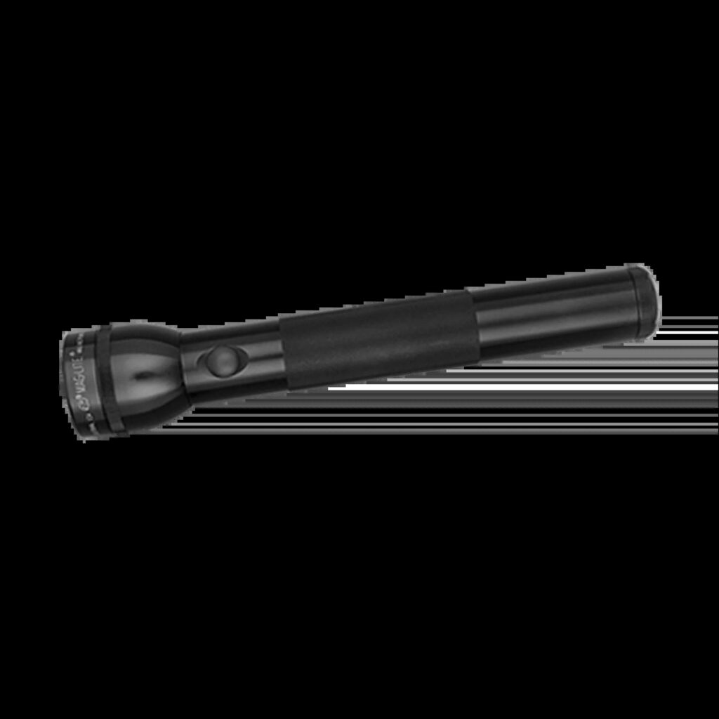 Black Maglite 3 D-cell flashlight on a dark workbench