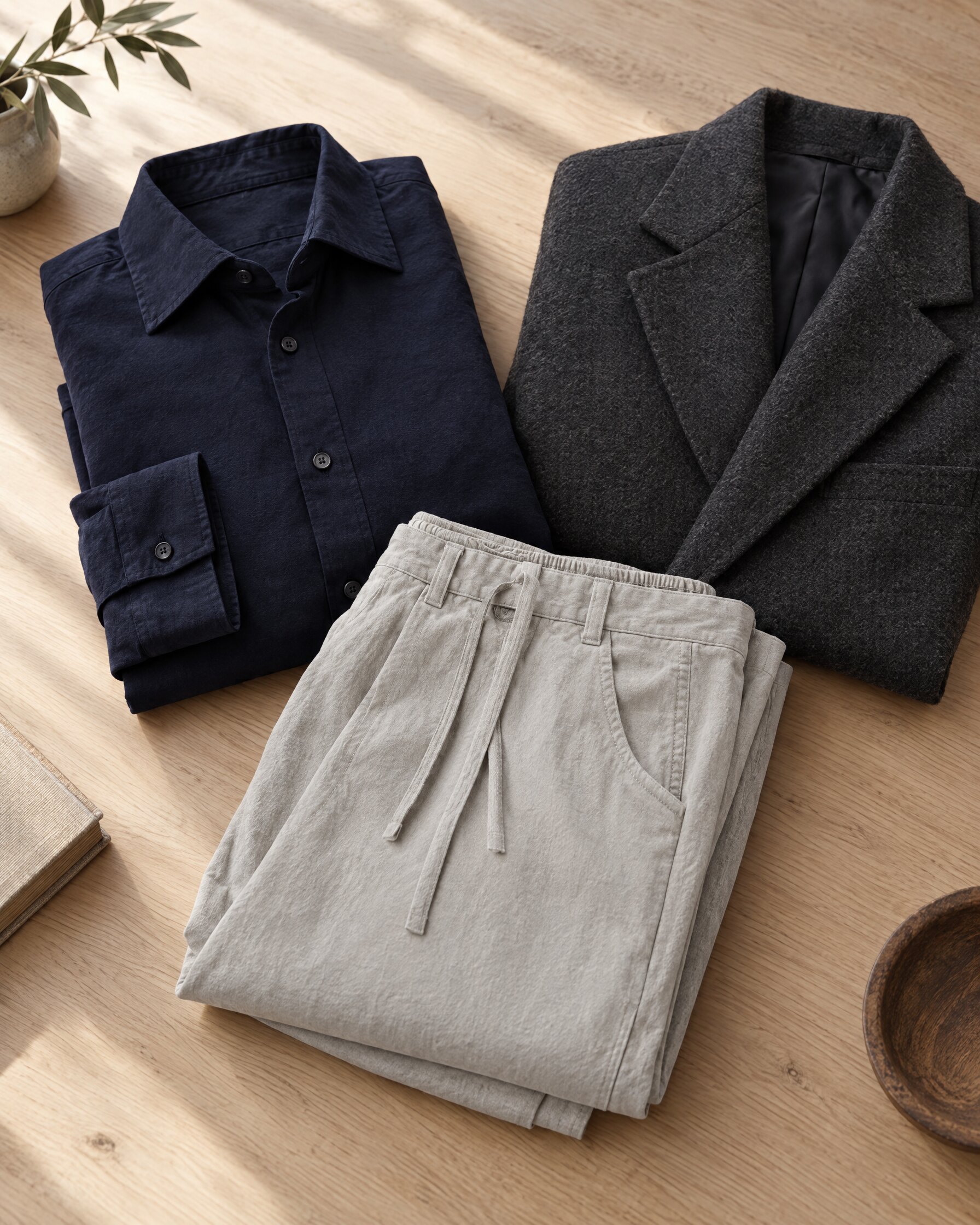 Pale grey drawstring trousers folded beside a navy shirt and charcoal jacket, in the spirit of the Maison Margiela drawstring trousers from Spectre