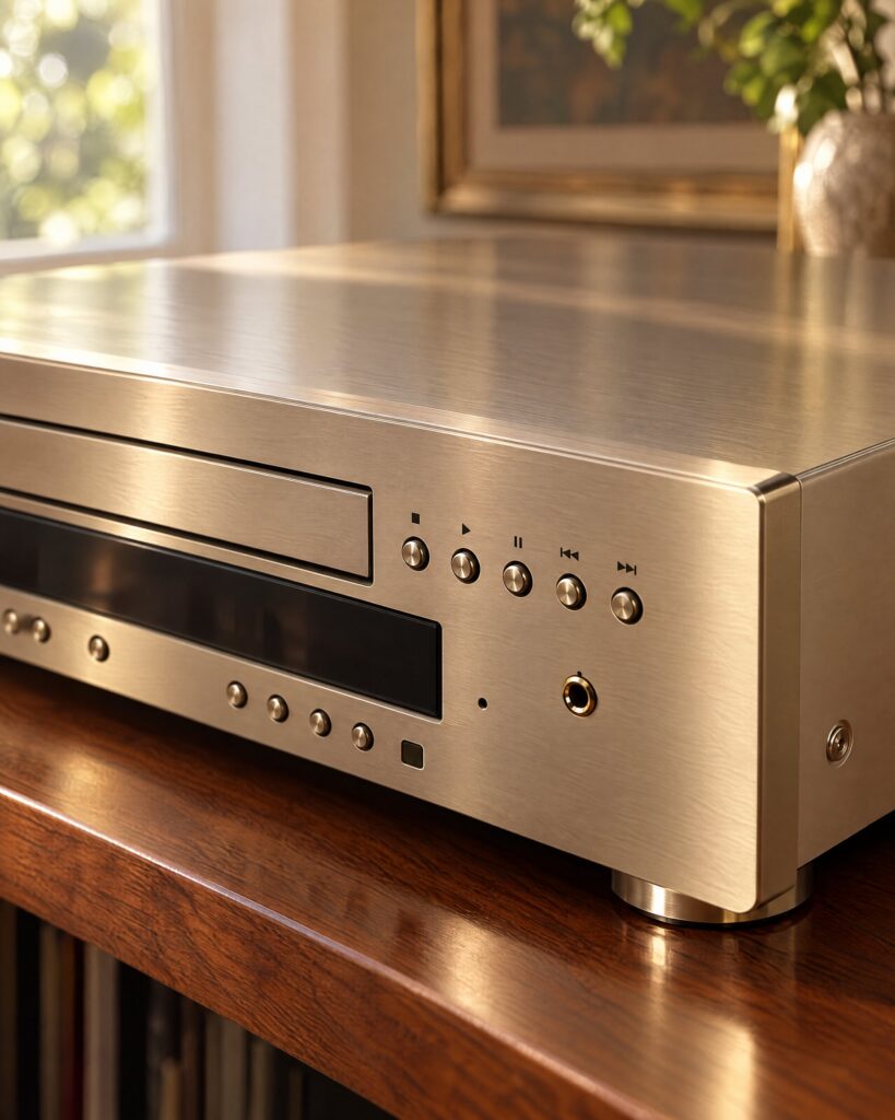 Close detail of the brushed champagne top panel and disc tray of a vintage Marantz CD player
