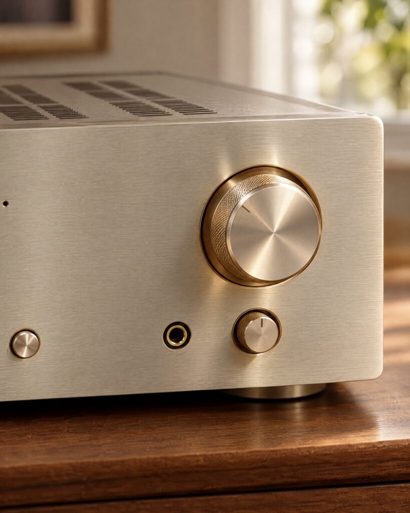 Detail of the brushed metal fascia and volume knob on a champagne-gold integrated amplifier