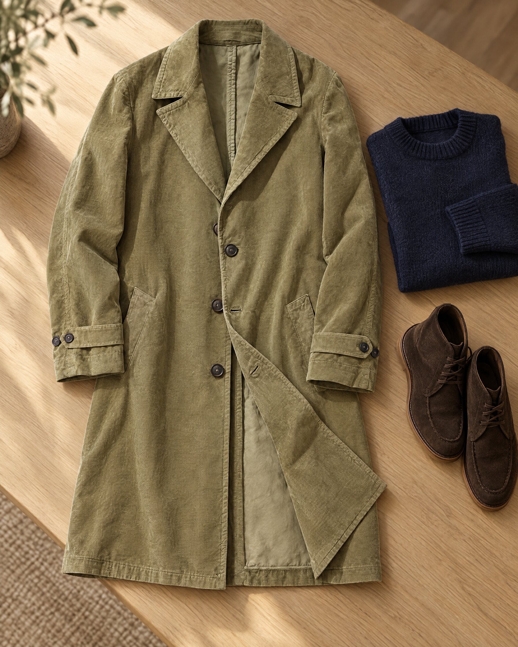 Massimo Alba duster coat in moss-green needlecord laid flat with a navy knit and suede boots