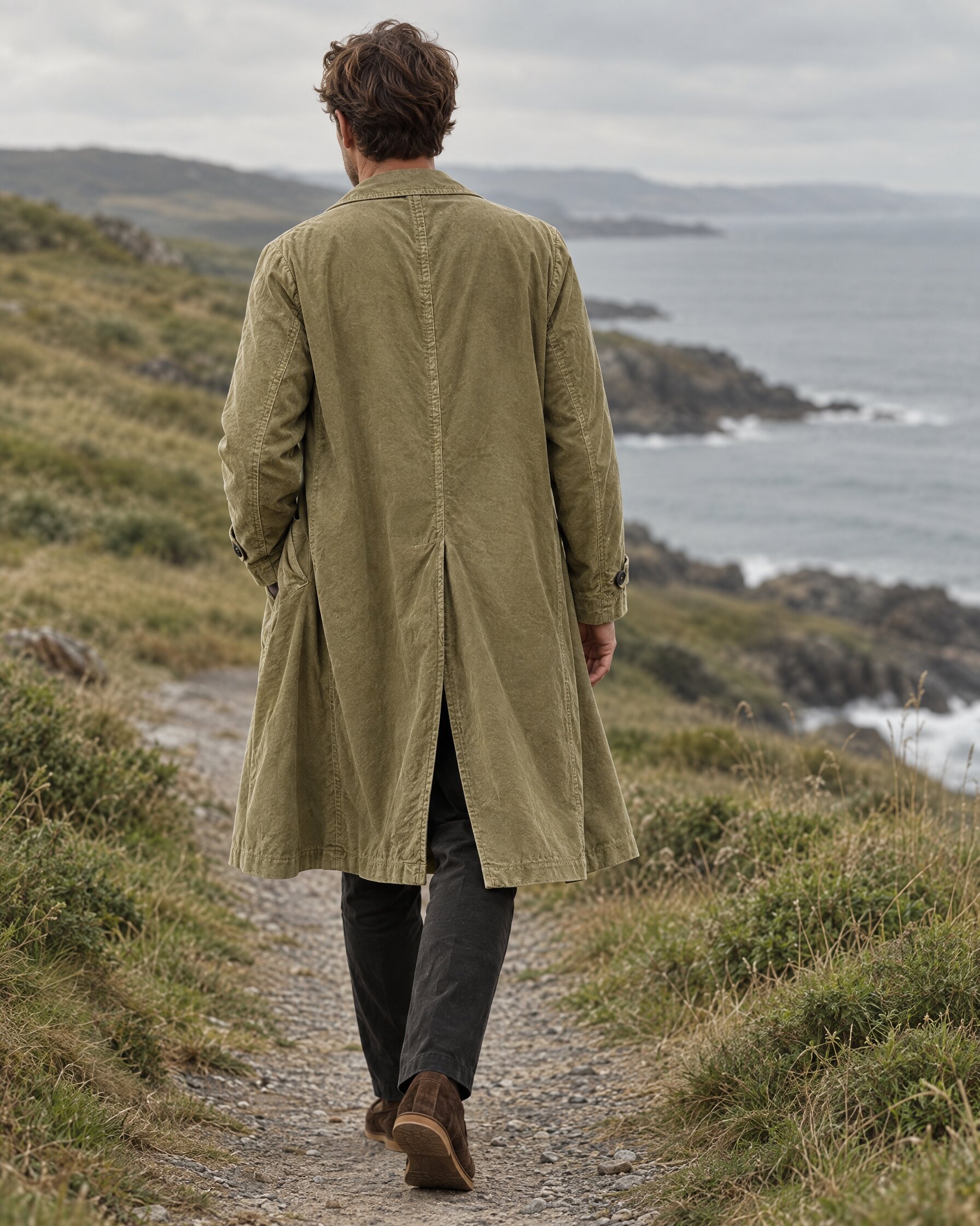 Man in a moss-green needlecord duster coat walking along a coastal path, seen from behind