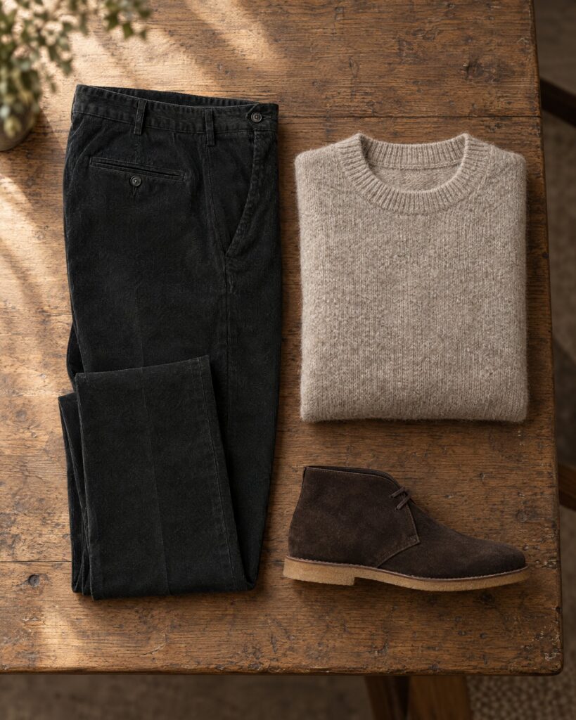 Massimo Alba Mauko trousers in washed black needlecord, folded on an oak table with an oatmeal jumper and suede boot