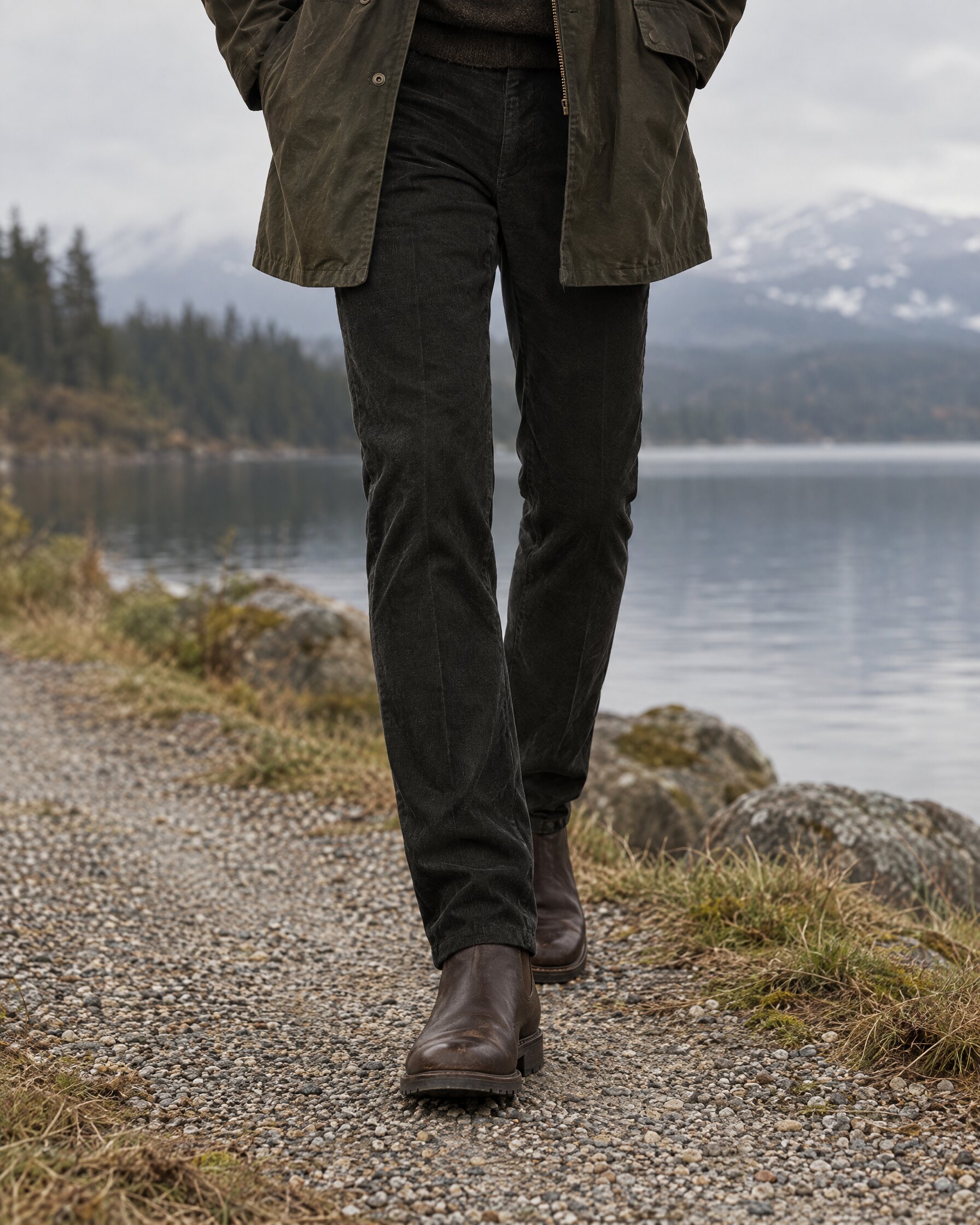Man in black needlecord trousers and leather boots walking beside a lake, cropped at the waist