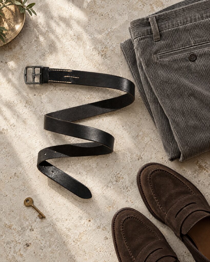 Massimo Alba Max2 belt in black leather with contrasting stitching, coiled on pale stone beside grey corduroy trousers