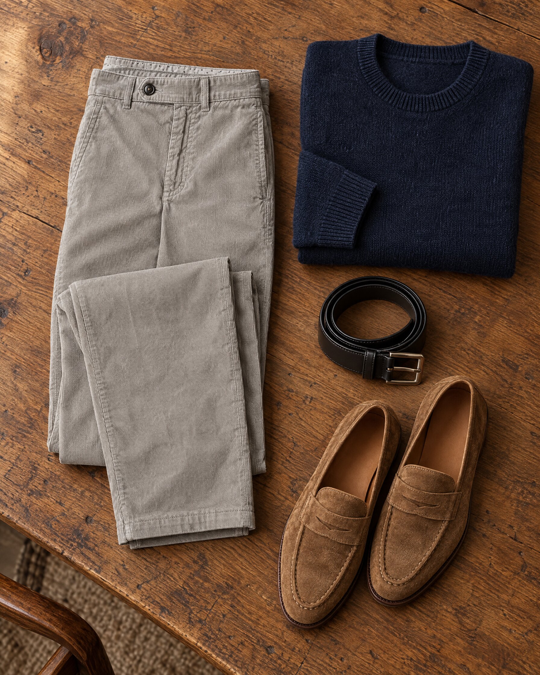 Massimo Alba Winch corduroy trousers in grey baby corduroy folded with a black leather belt and navy knit